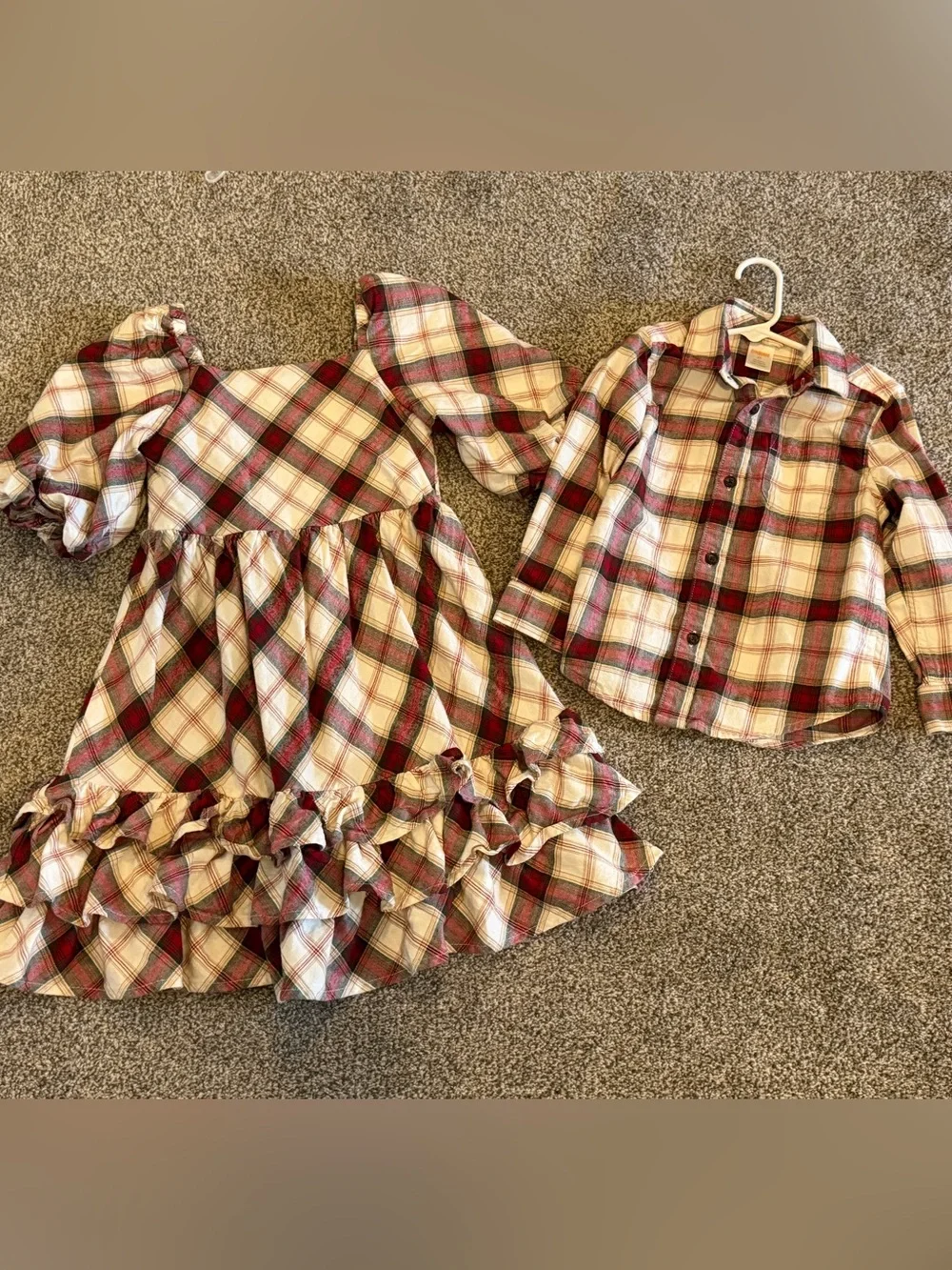 Gymboree Girls Plaid Dress & Boys Button-Up Shirt Set in Red, Cream, Green